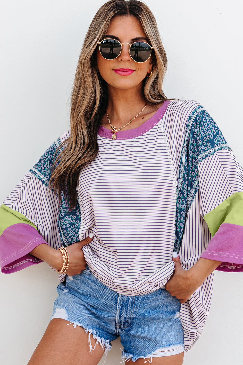 Floral Color Block Raw Edge Patchwork Bracelet Sleeve Blouse
