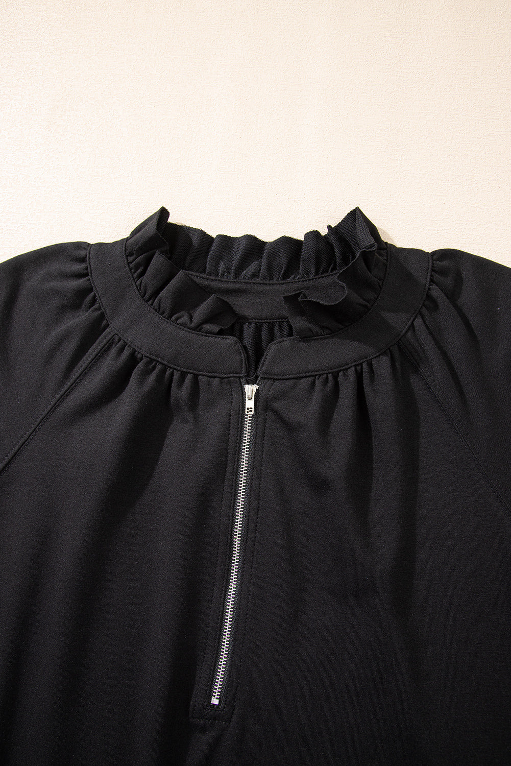 Half Zip Puff Sleeve Top and Ruffled Shorts Set