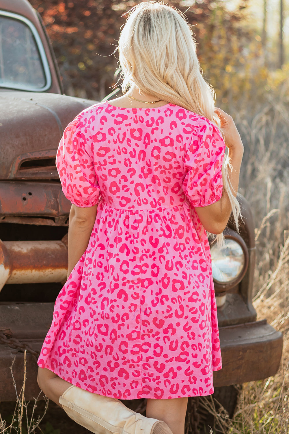 Leopard Puff Sleeve Tie Front High Waist Mini Dress