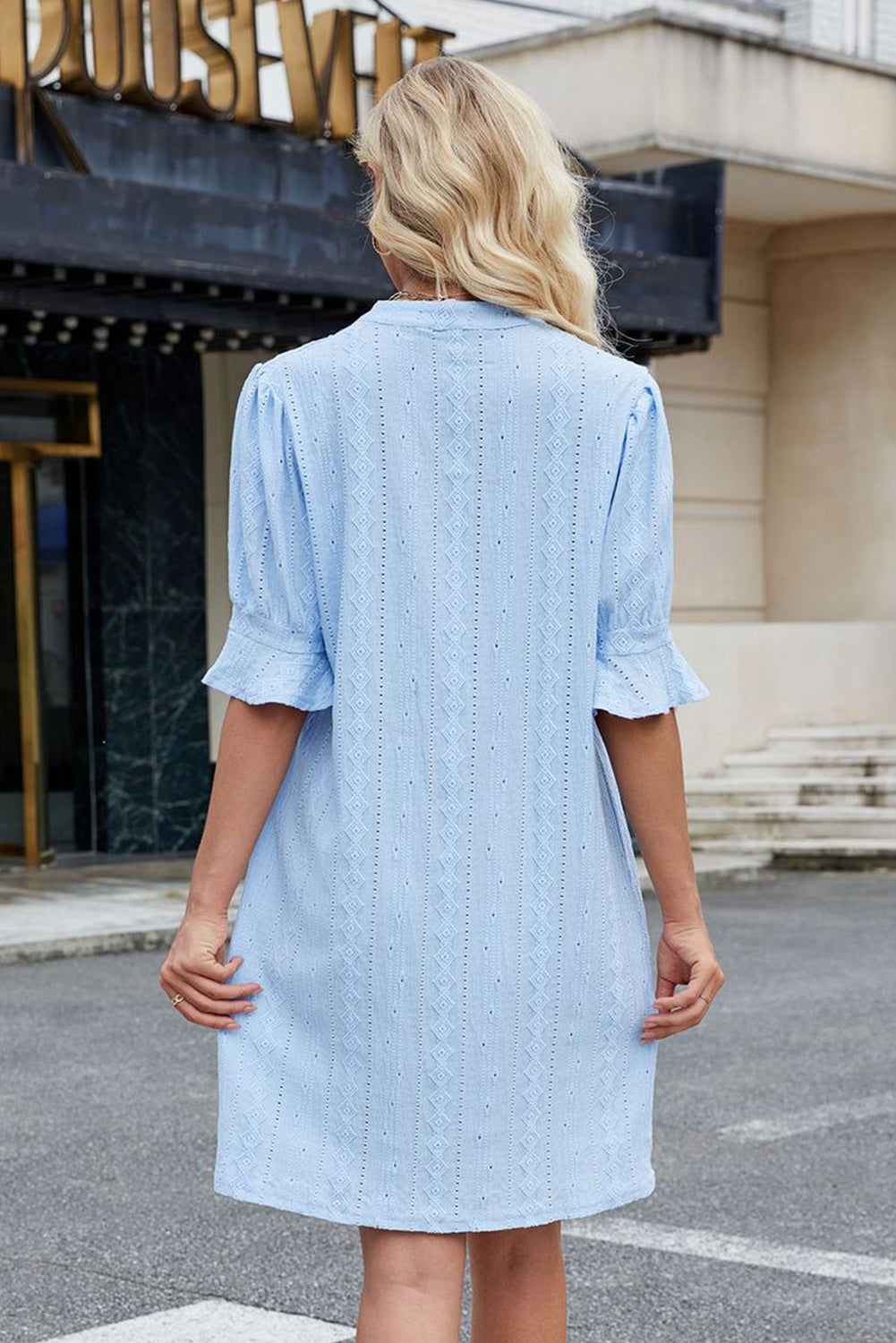 Jacquard Texture Flared Short Sleeve Notched Neck Mini Dress