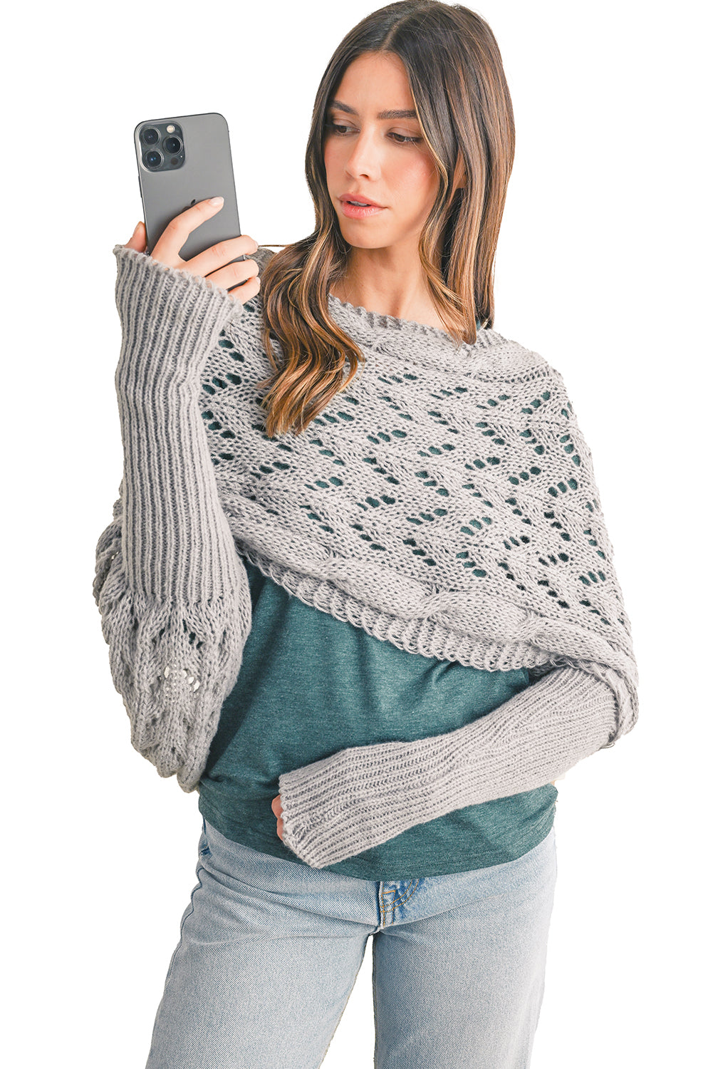 Cross Detail Hollowed Knit Scarf with Sleeves