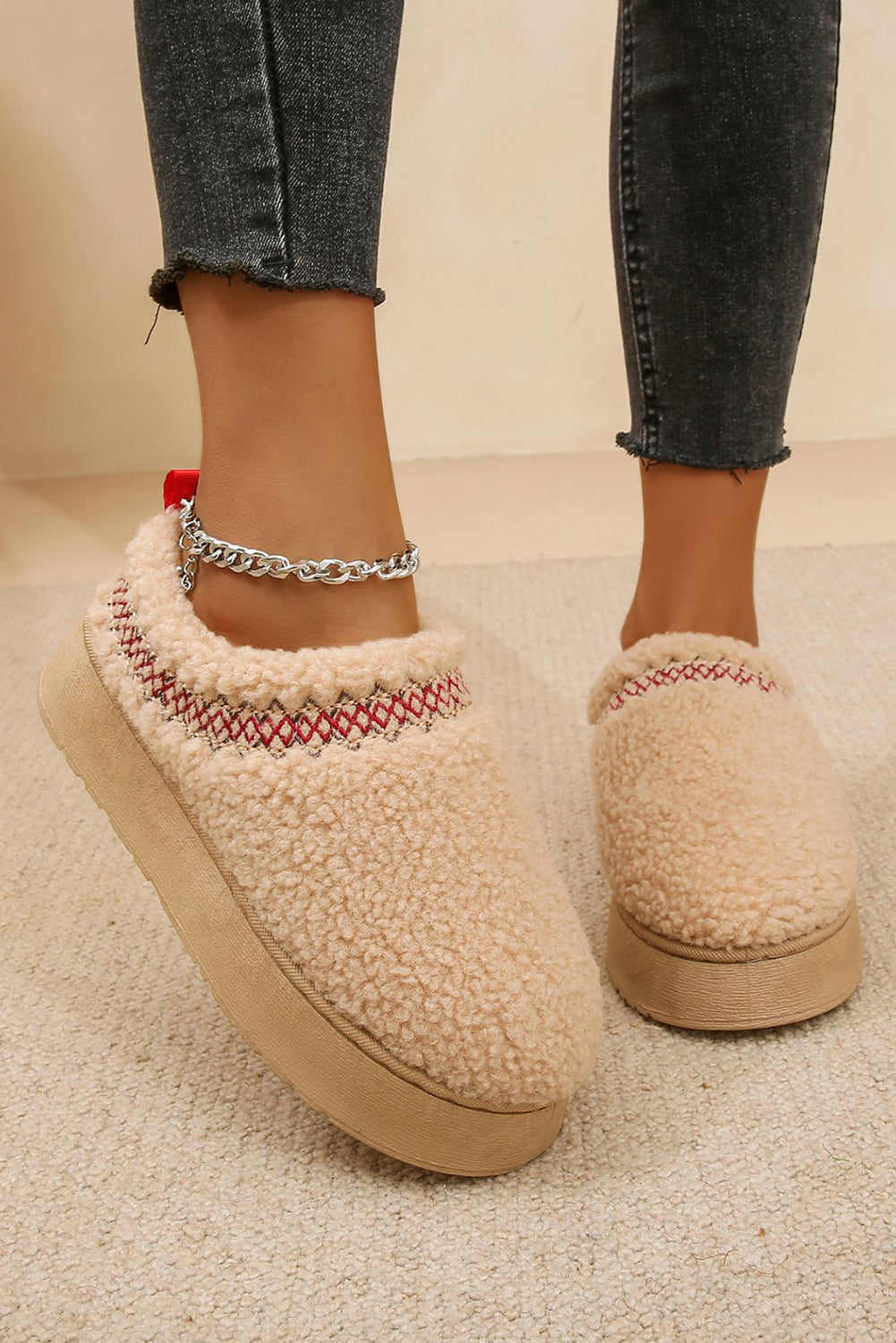 Embroidered Sherpa Plush Thick Sole Snow Boots