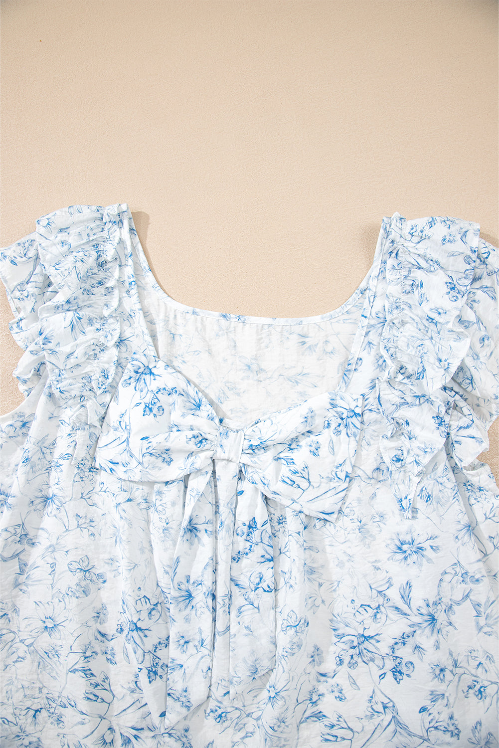 Floral Ruffled Short Sleeve Bow Back Square Neck Blouse