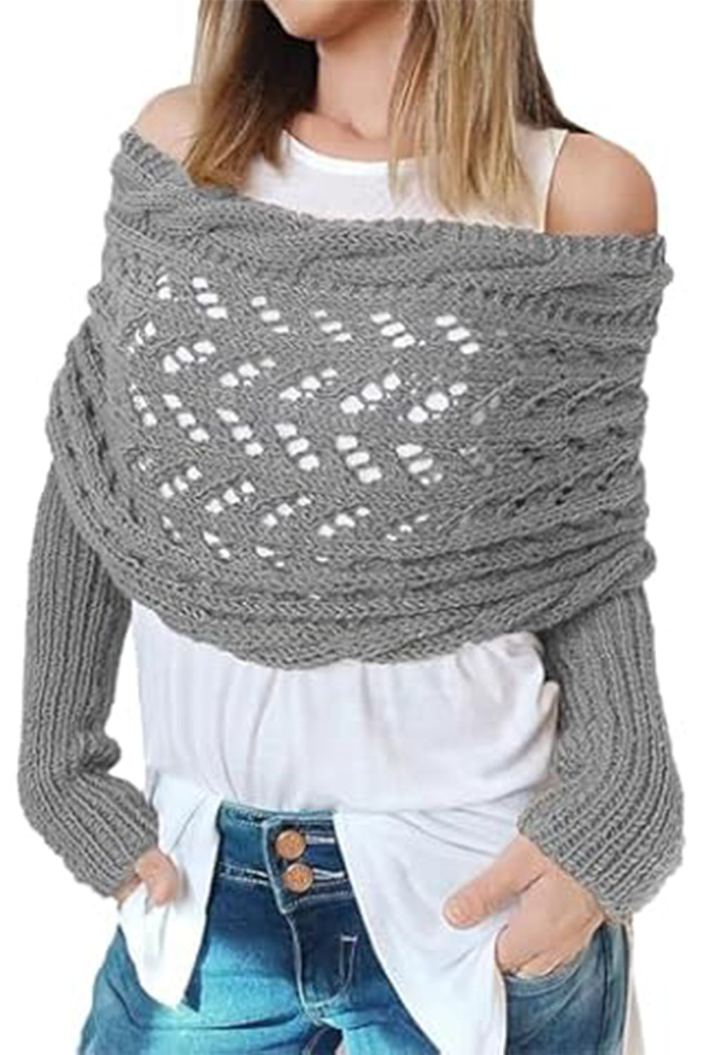 Cross Detail Hollowed Knit Scarf with Sleeves