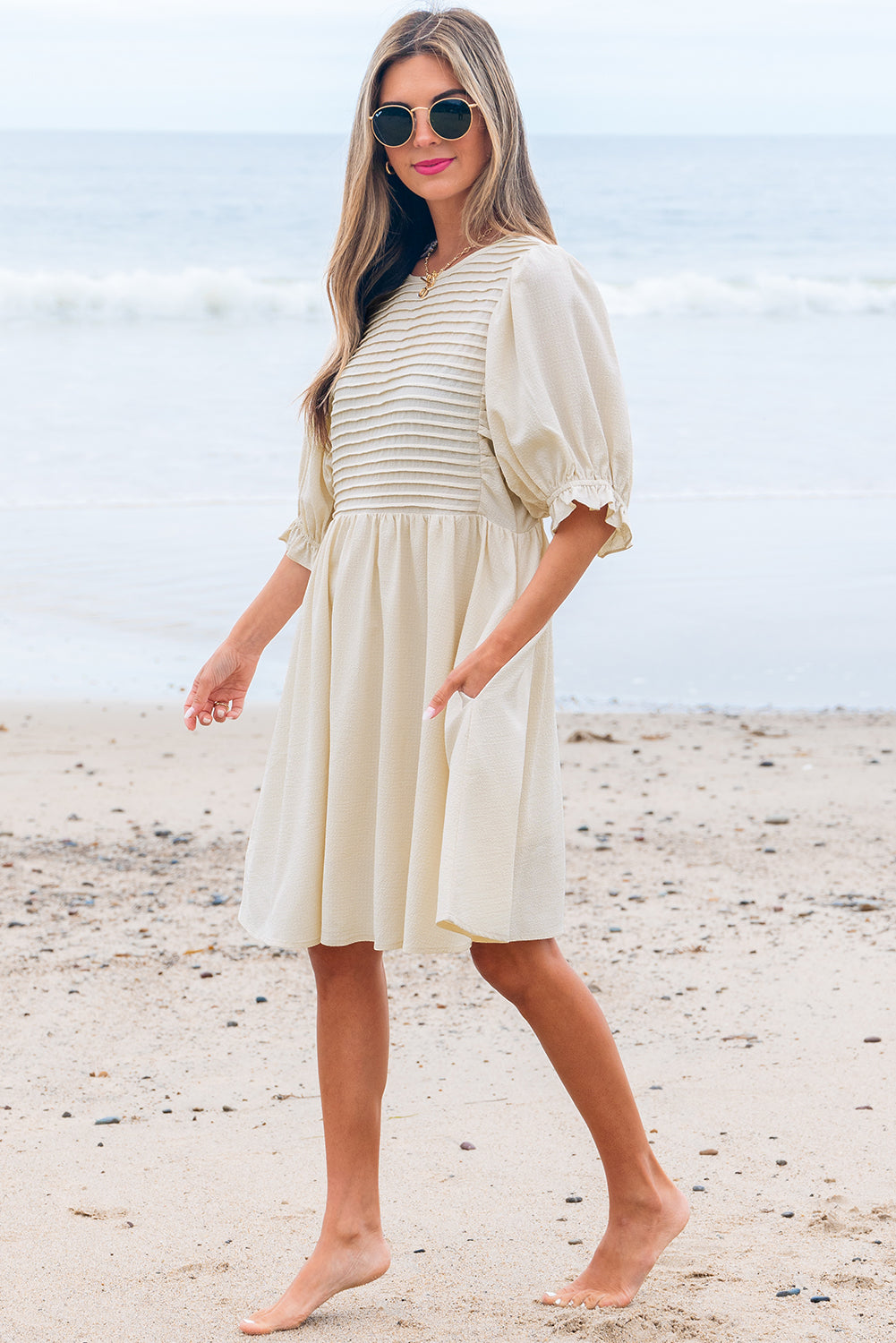 Textured Ruffled Puff Sleeve Loose Dress