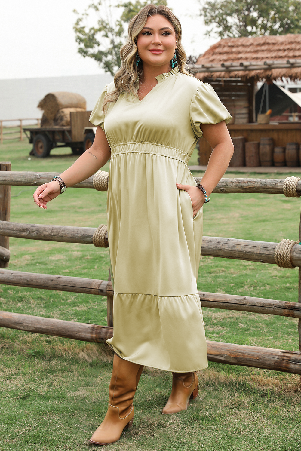 Notched V Neck Puff Sleeve Tiered Plus Size Maxi Dress