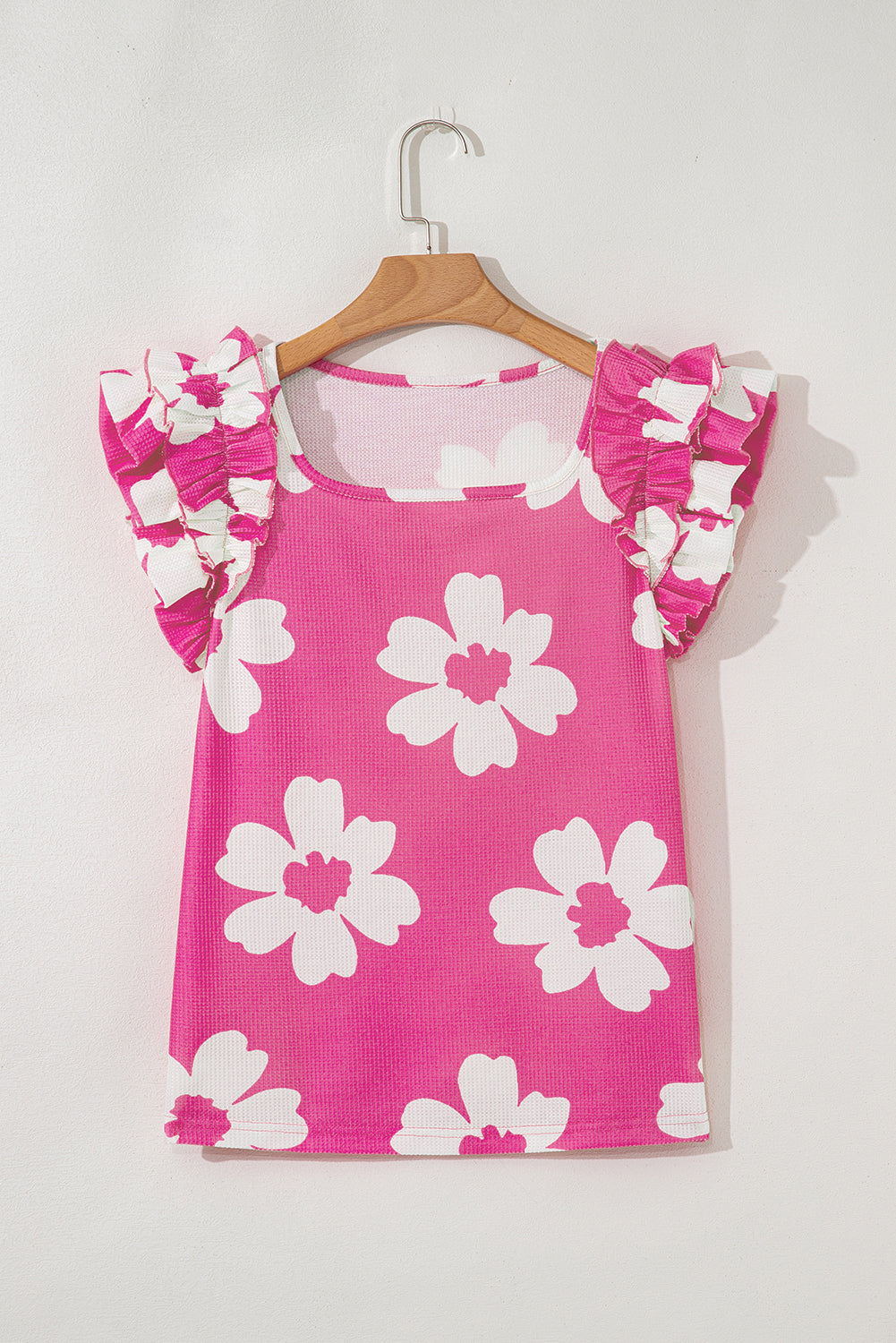 Floral Textured Ruffled Short Sleeve Square Neck Blouse