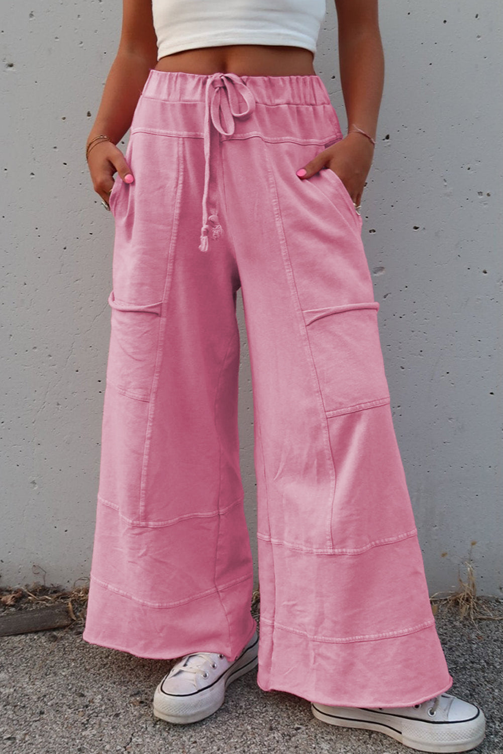 Mineral Wash Exposed Seam Drawstring High Waist Wide Leg Cargo Pants