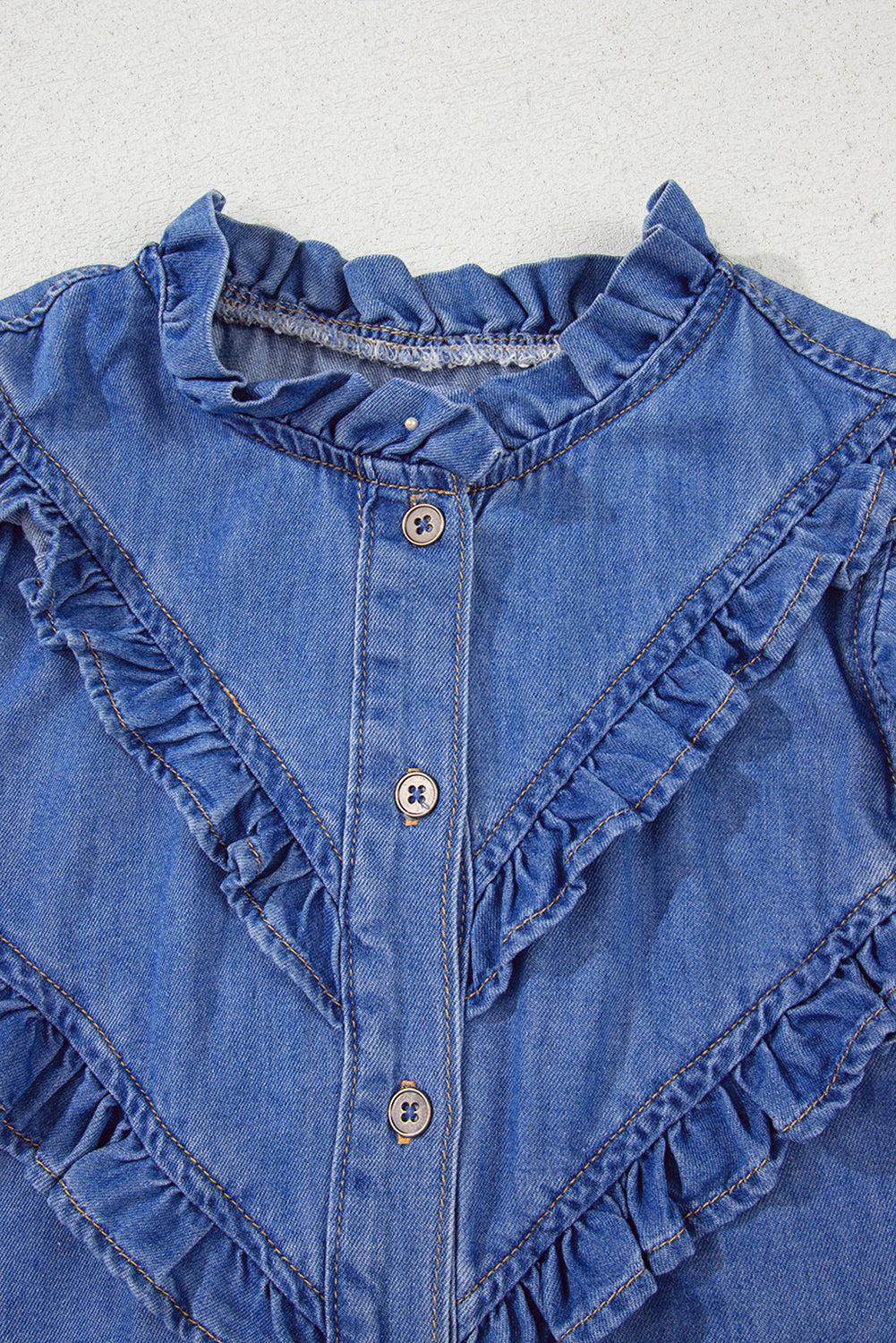 Mineral Wash Cap Sleeve Frilled Button Up Denim Shirt