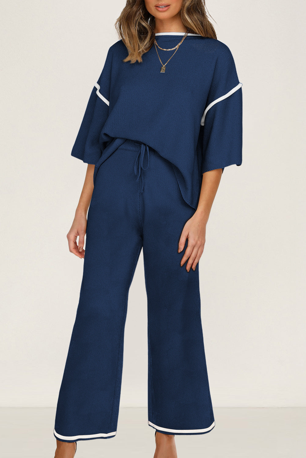 Contrast Trim Half Sleeve Top Drawstring Pants Loose 2pcs Sweater Suit