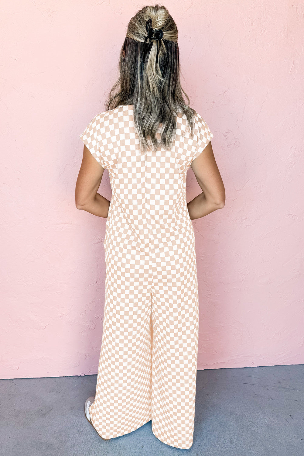 Checkered Print Buttoned Crew Neck Wide Leg Jumpsuit