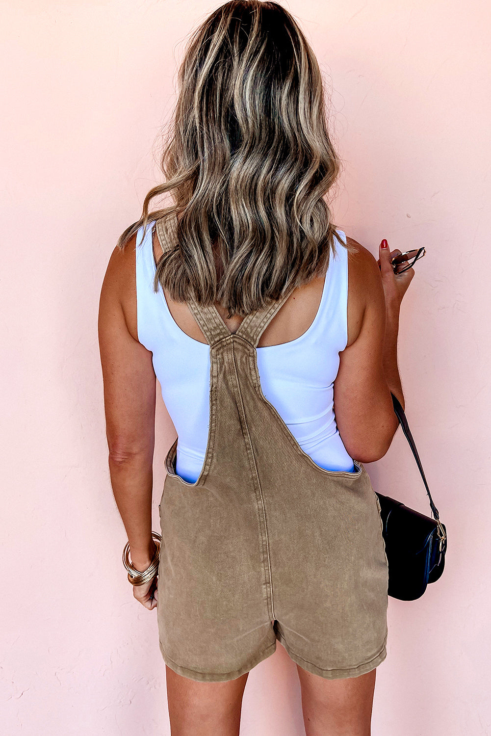 Solid Color Knot Straps Denim Romper with Pockets