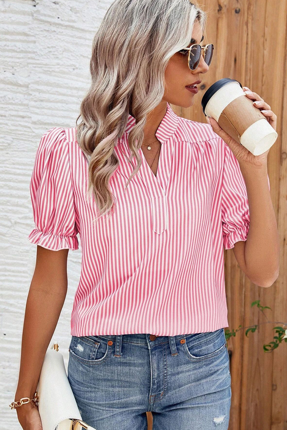 Stripe Notched Neck Frilled Short Puff Sleeve Blouse