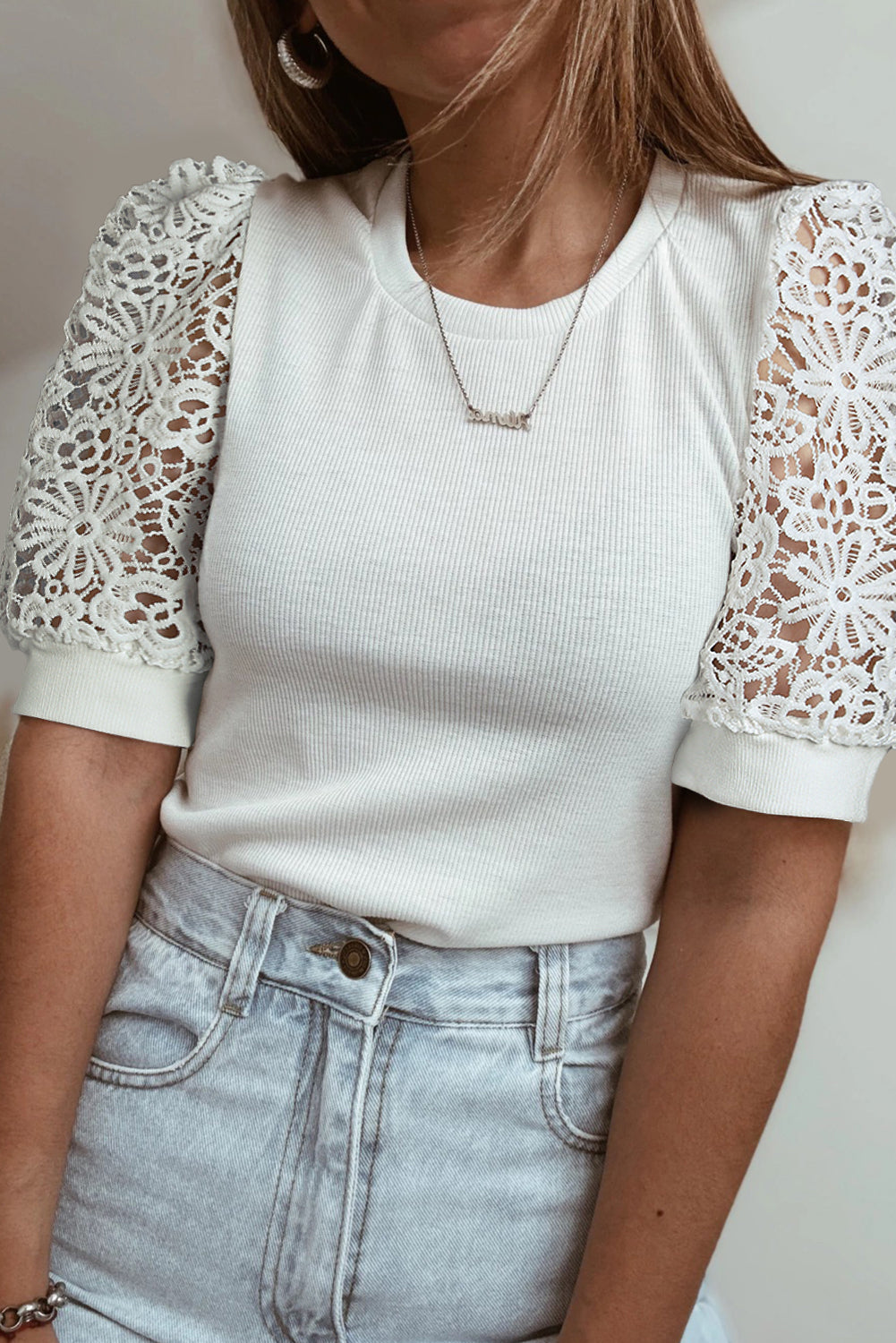 Lace Floral Patchwork Ribbed Knit Half Sleeve T Shirt