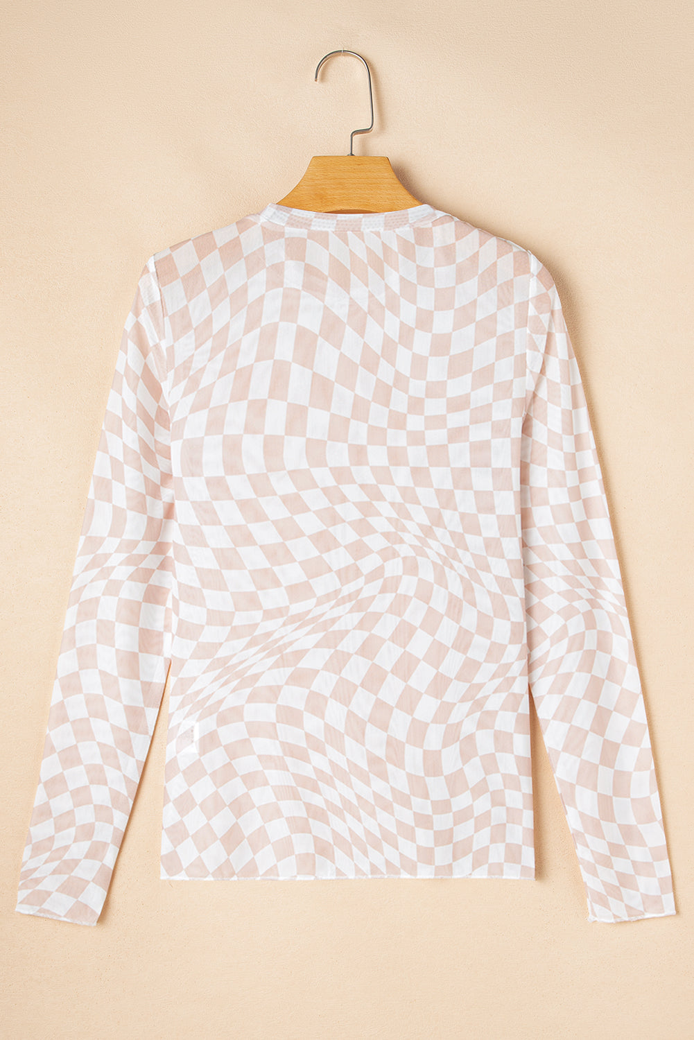 Checkered Pattern Mesh Mock Neck Long Sleeve Top