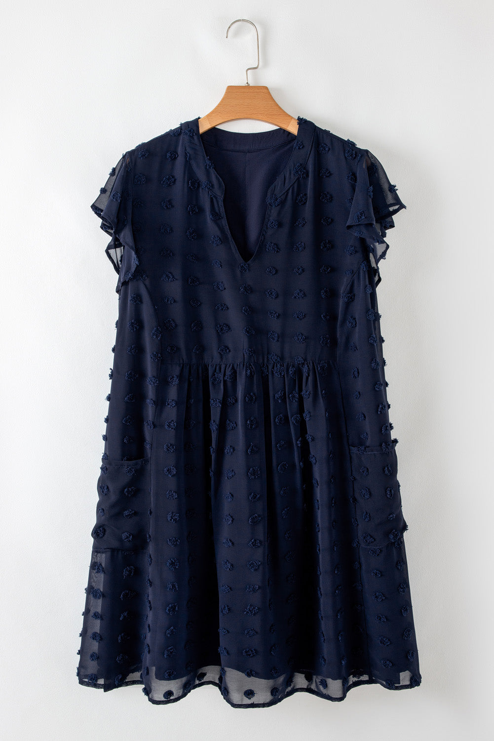 Dotty Textured Notched Neck Plus Ruffled Dress