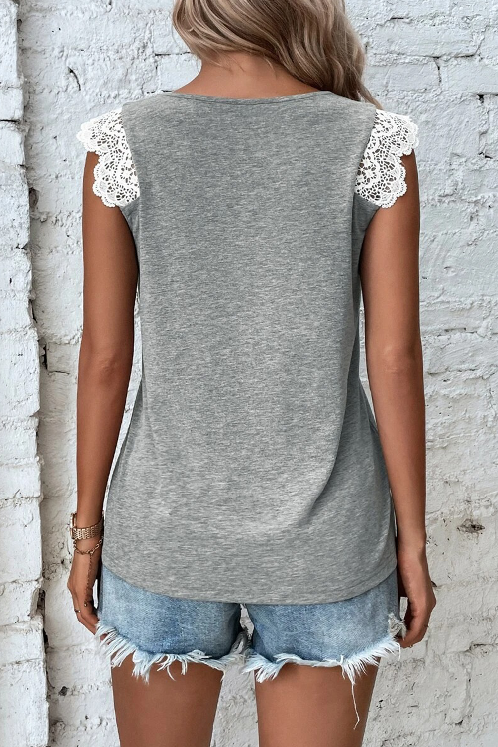 Lace Patchwork Criss Cross V Neck Tank Top