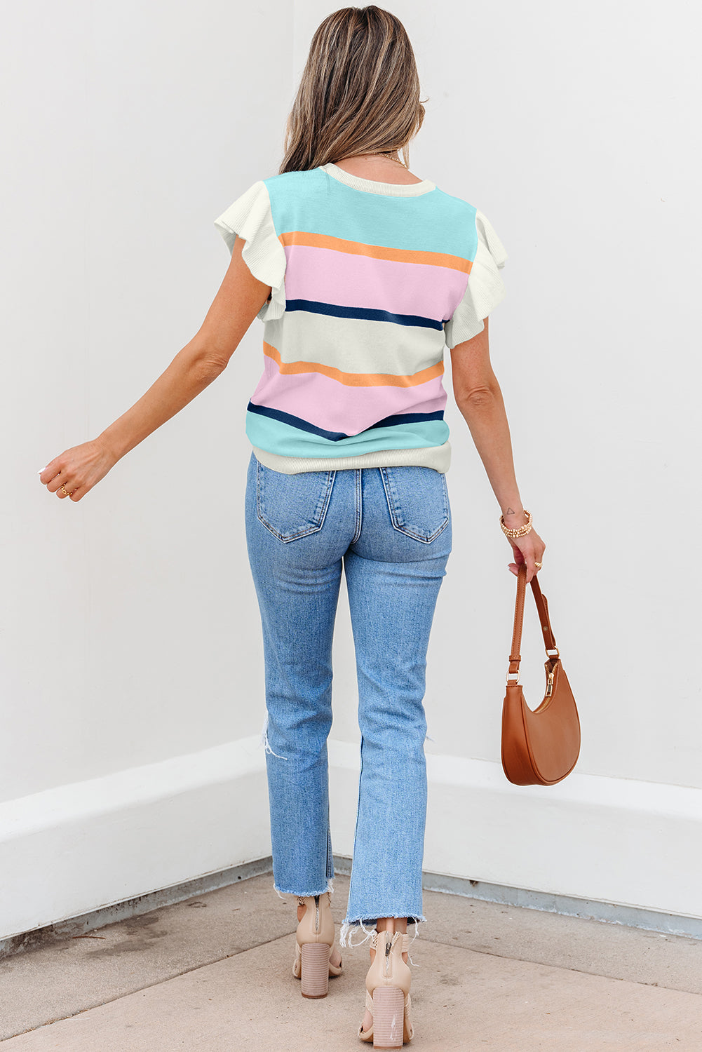 Striped Color Block Flutter Sleeve Patchwork Sweater Top