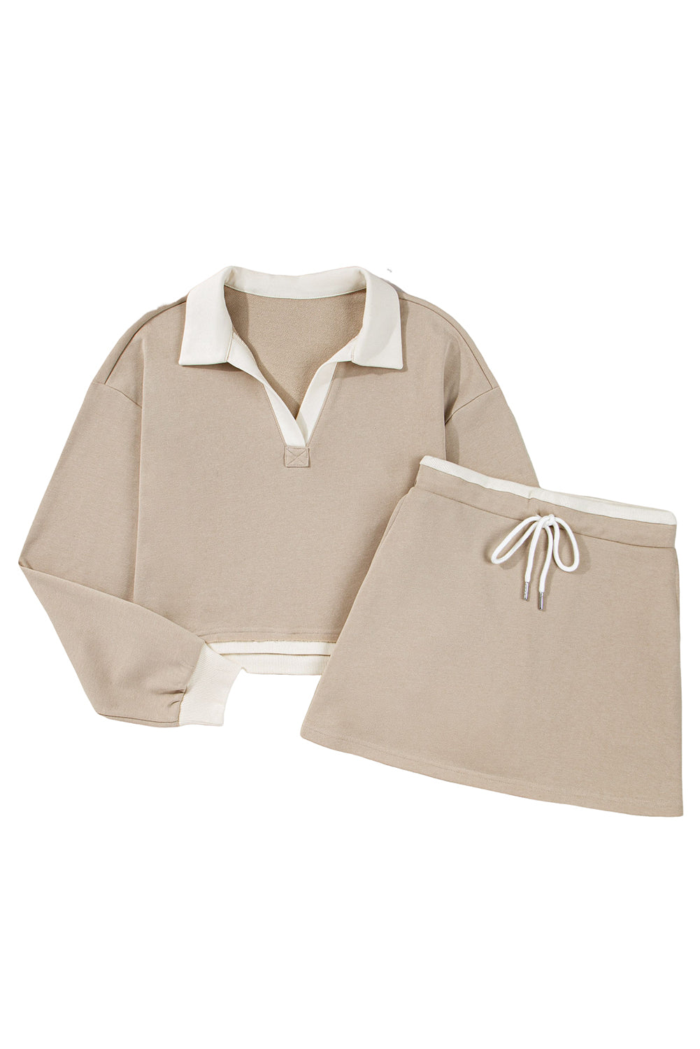Raw Edge Detail Colorblock Patchwork Cropped Pullover Drawstring Skirt Set