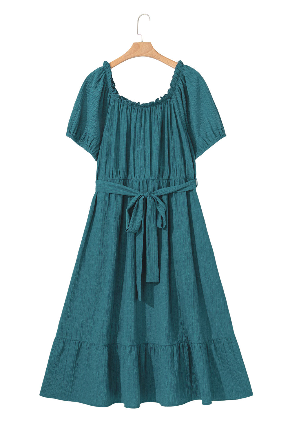 Frilled U Neck Puff Sleeve Belted Ruffle Hem Plus Size Midi Dress