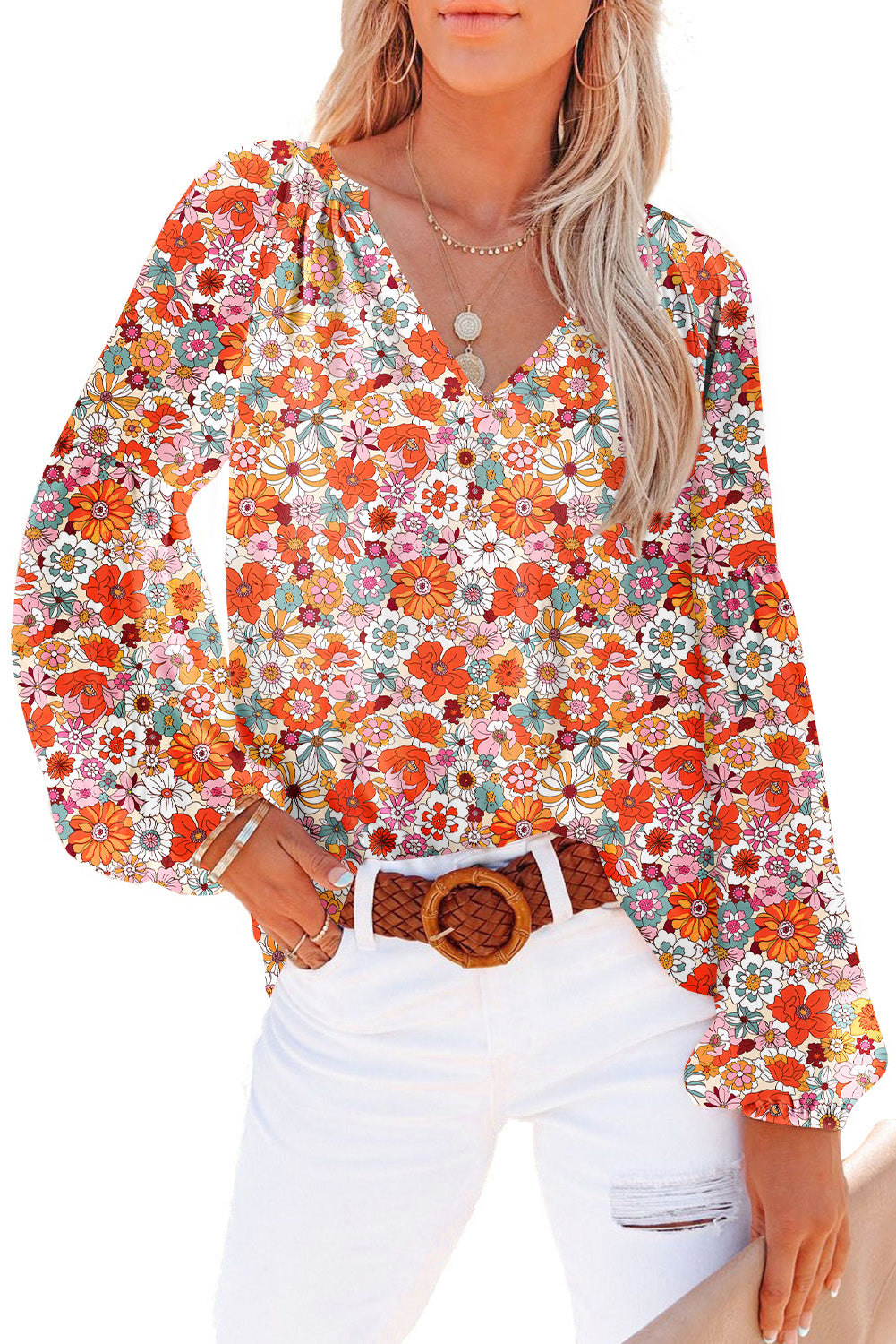 Floral Print V Neck Long Puff Sleeve Top
