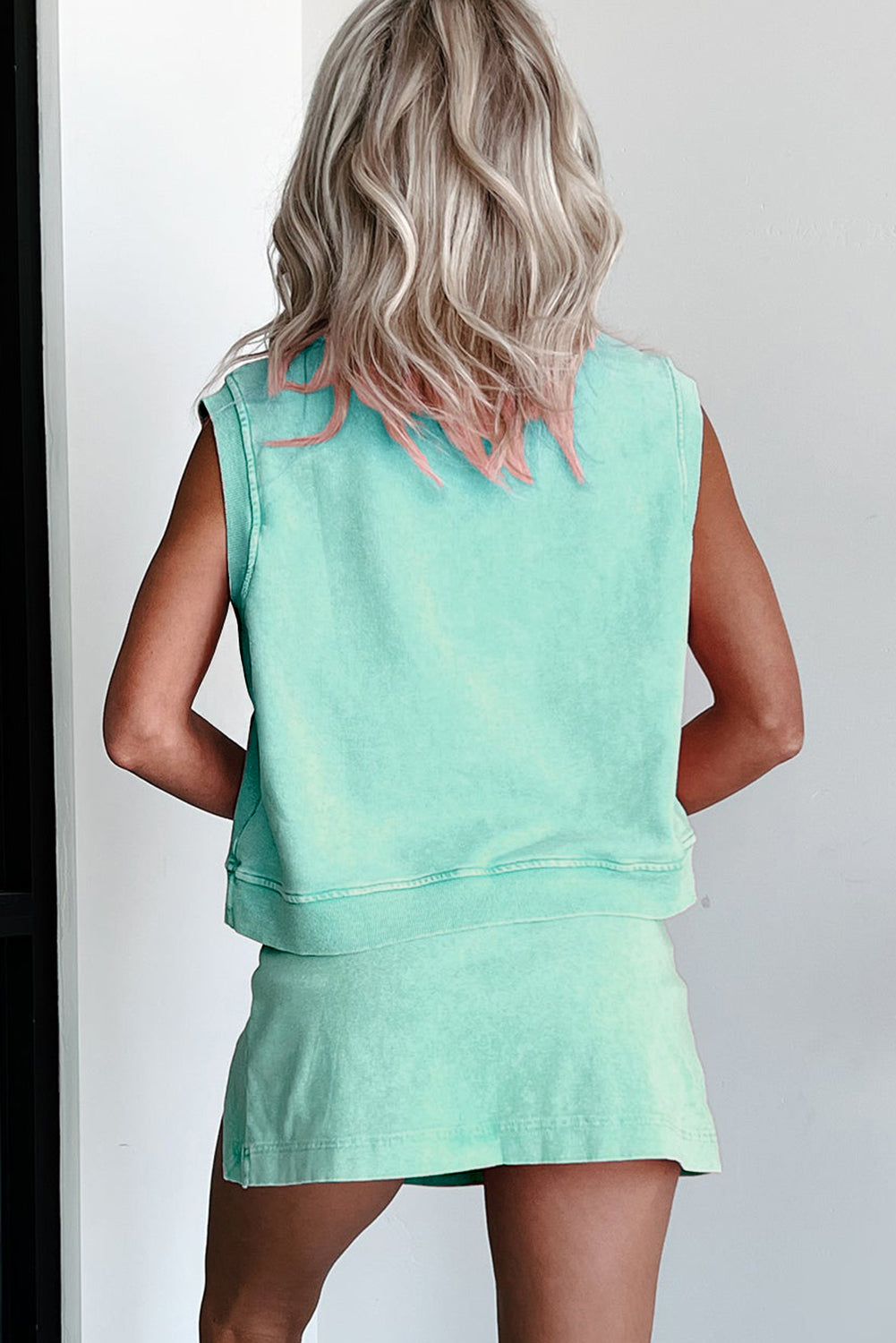 2 Pieces Mineral Wash Cotton Tank Top Lined Split Skirt Set