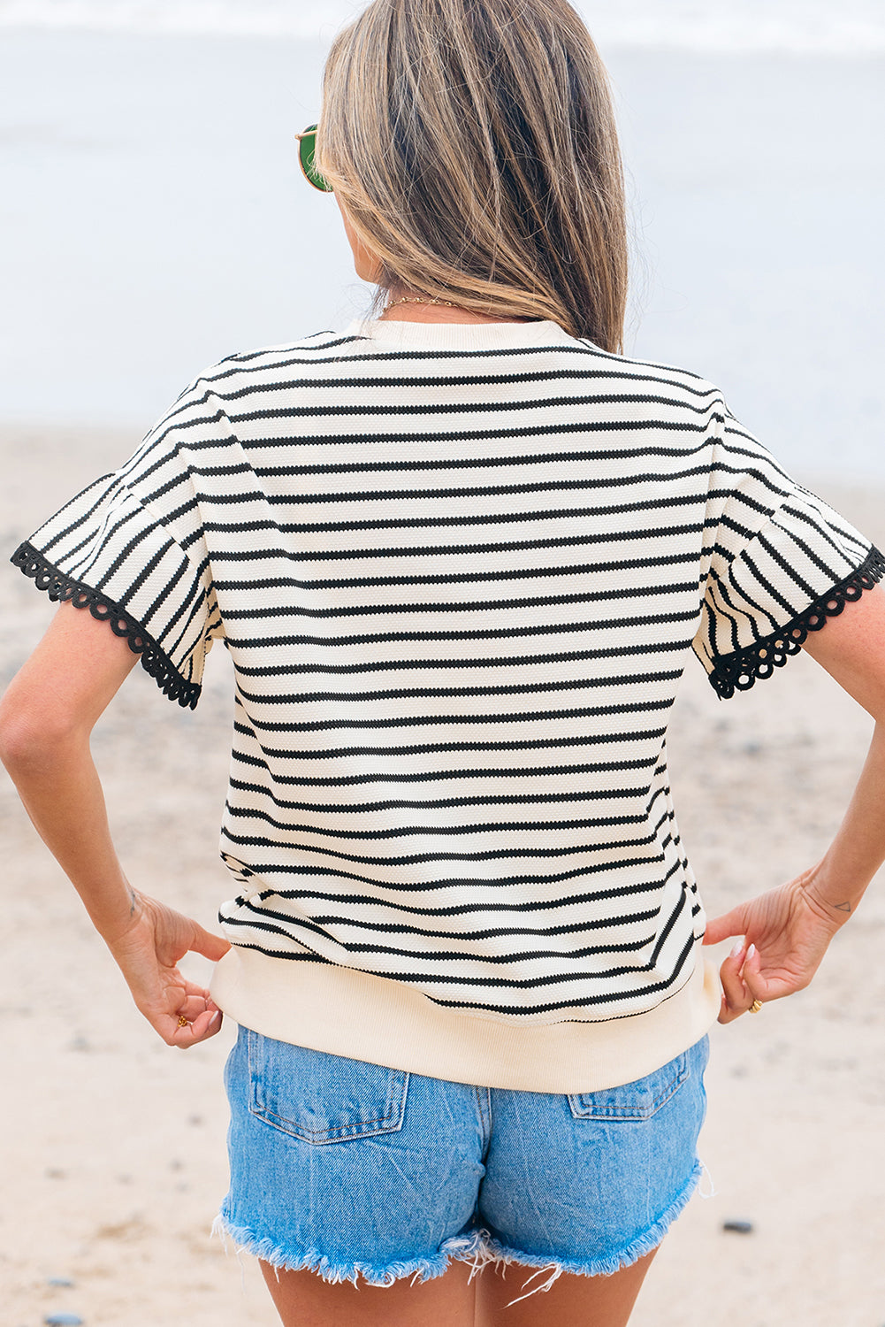 Scallop Lace Trim Ruffle Short Sleeves Crewneck Top