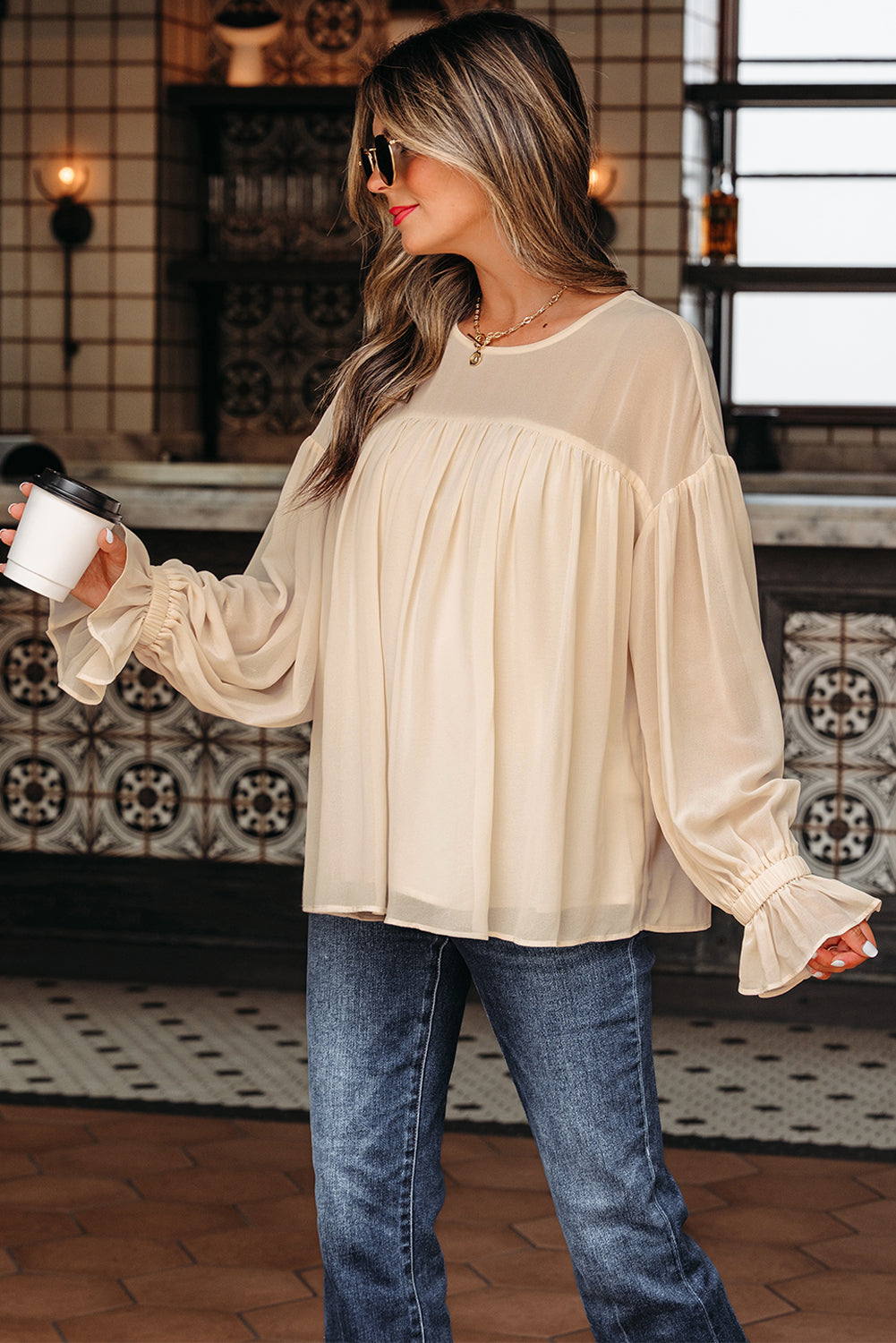 Pleated Ruffle Long Sleeve Chiffon Blouse