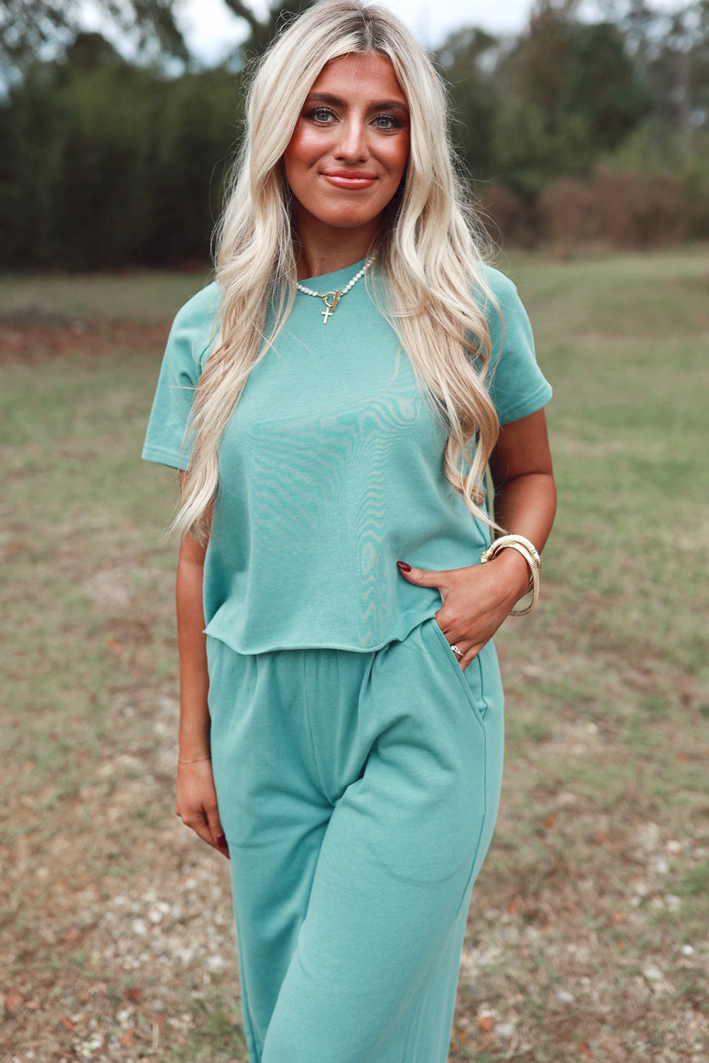 Raglan Short Sleeve Tee and Wide Leg Pants Set