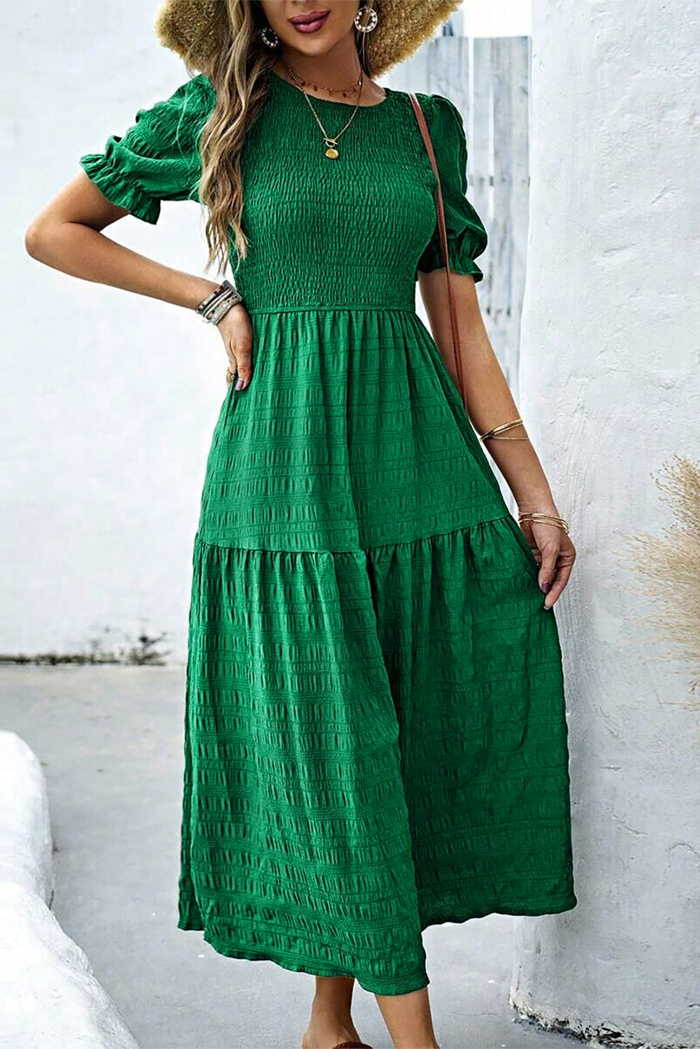 Solid Textured Smocked Puff Short Sleeve High Waist Long Dress