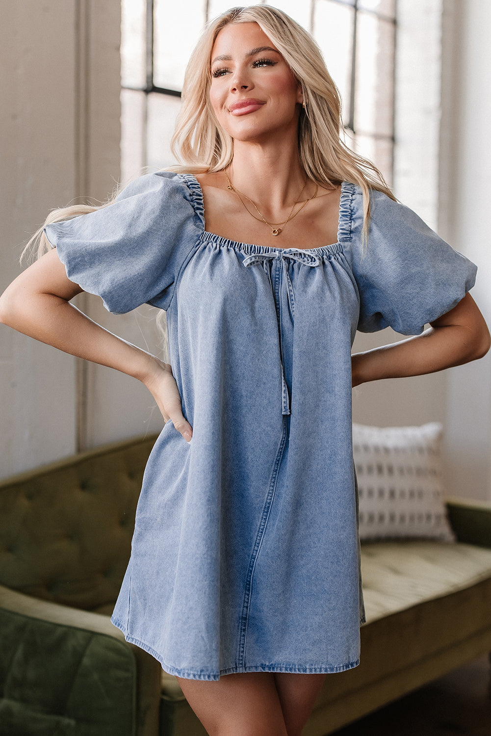 Bubble Sleeve Square Neck Denim Babydoll Dress