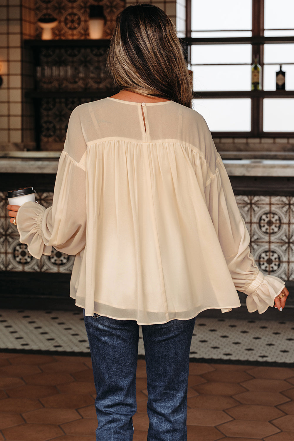 Pleated Ruffle Long Sleeve Chiffon Blouse