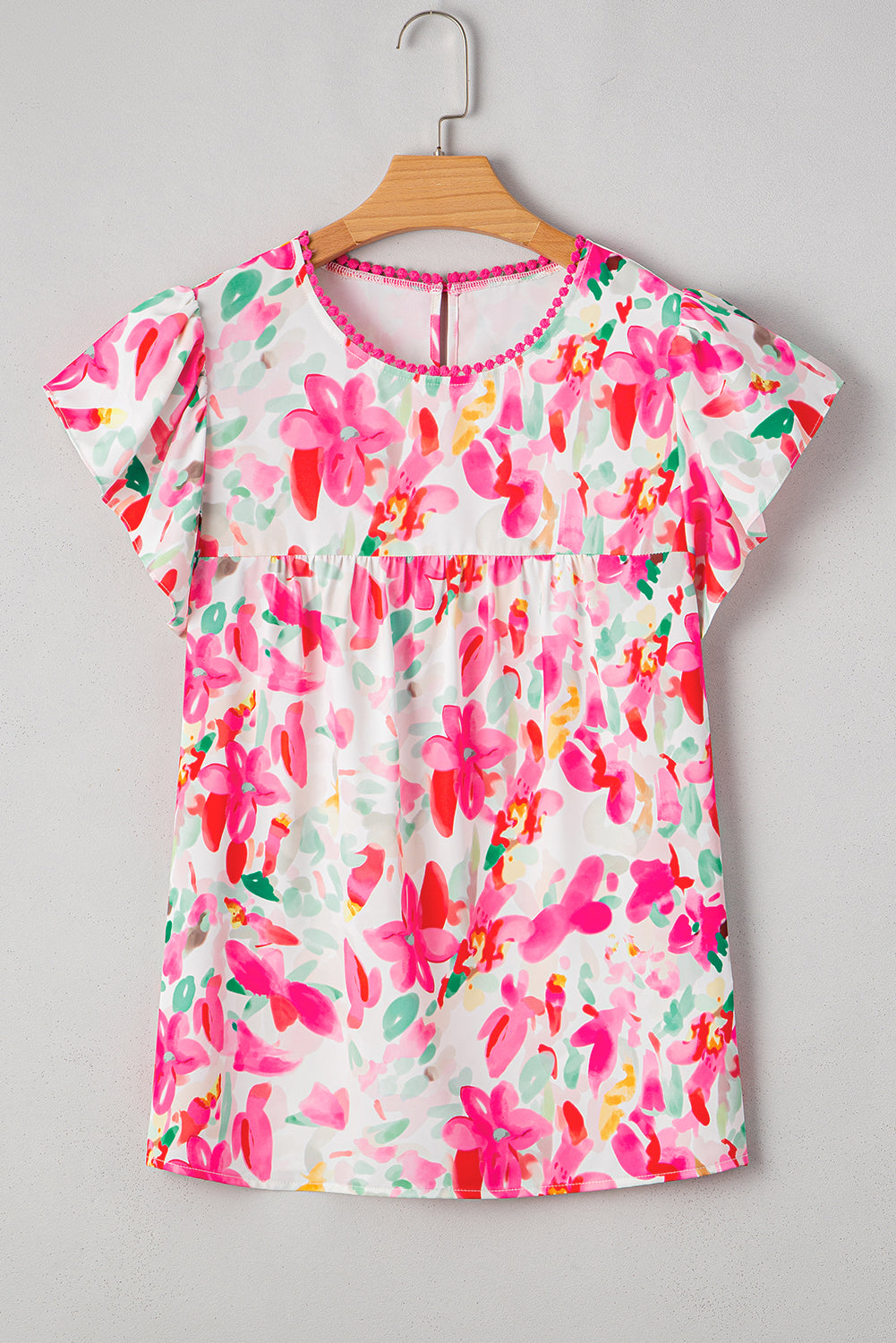 Floral Print Flutter Sleeve Round Neck Casual Blouse