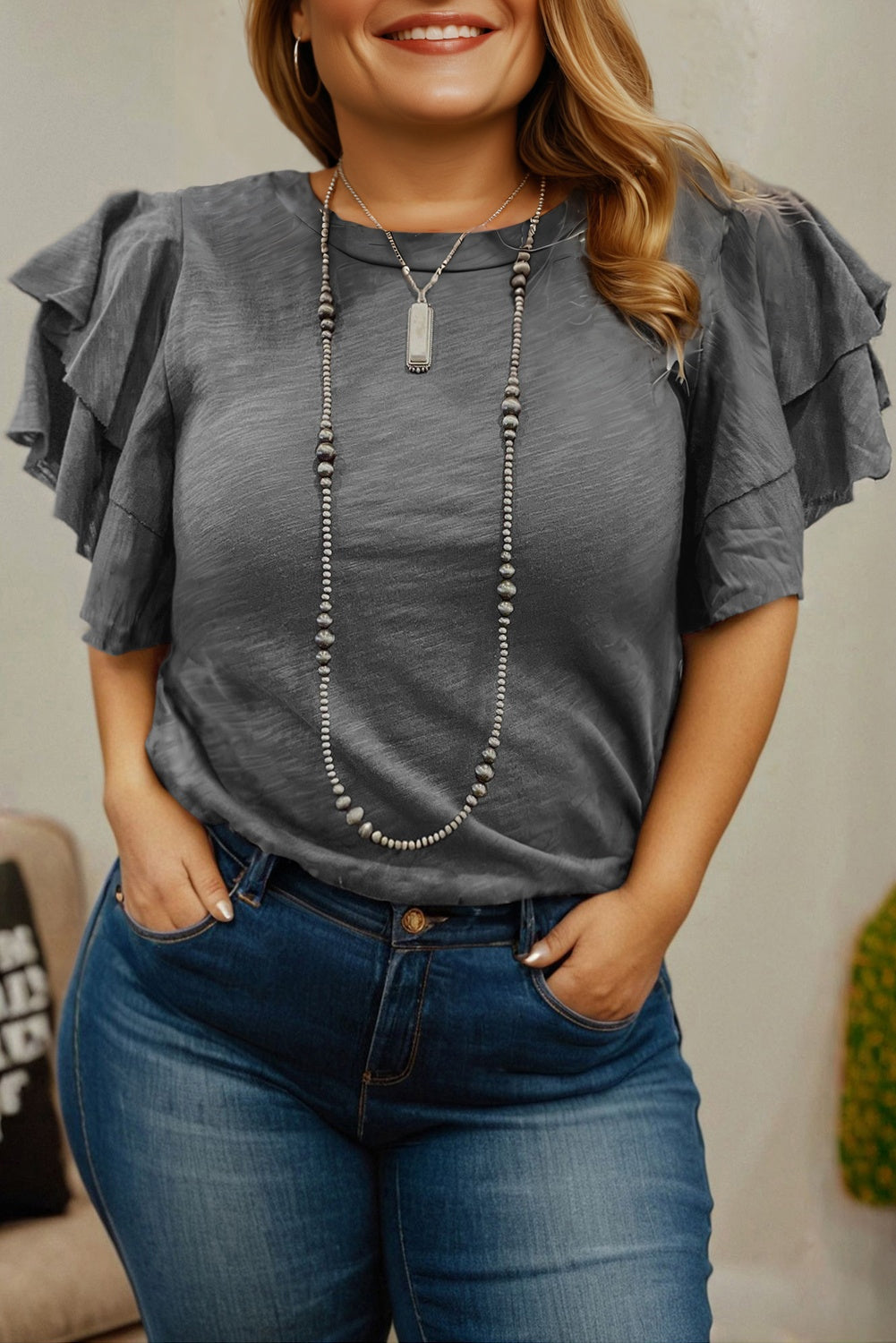 Double Ruffled Short Sleeve Plus Size Top