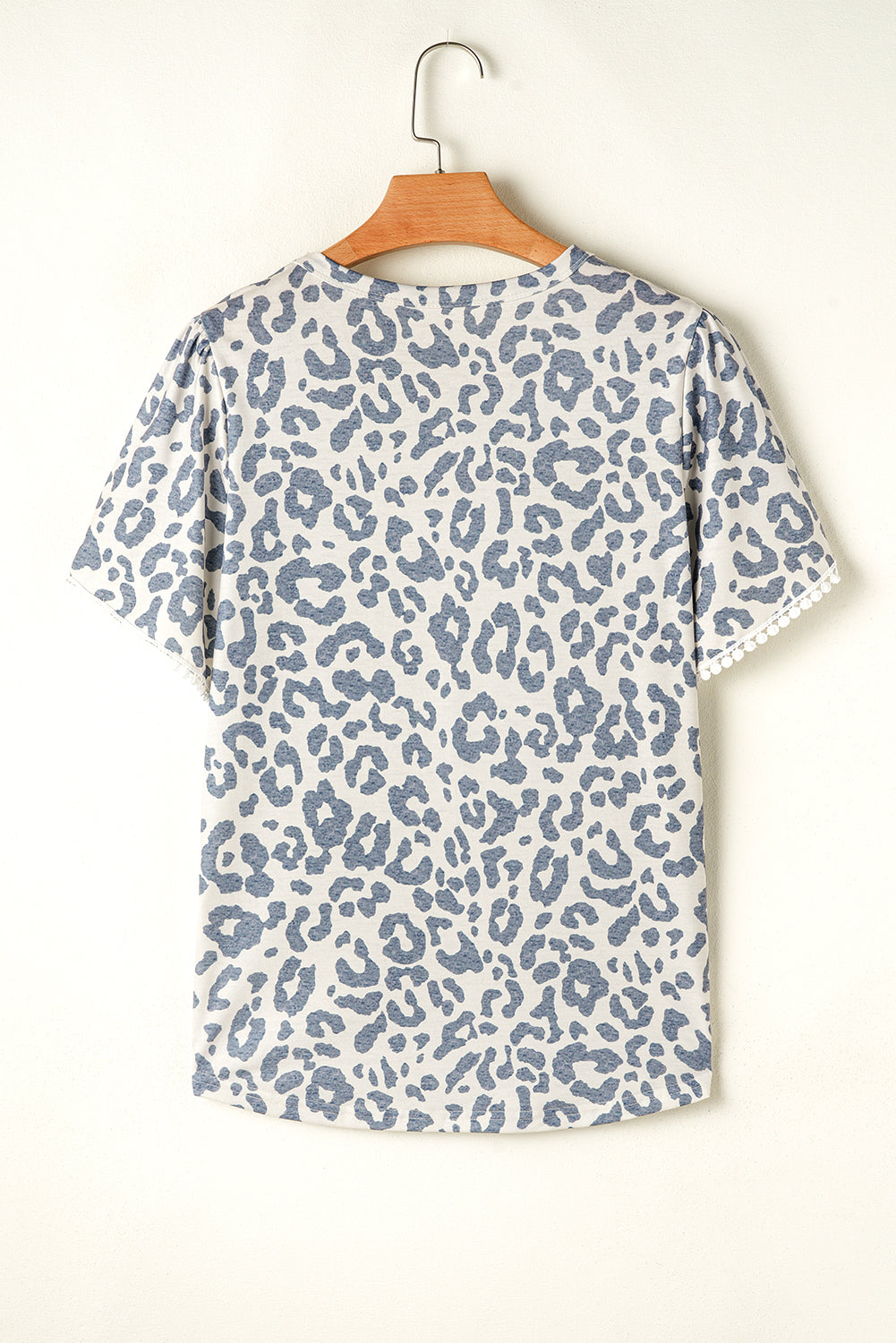 Leopard Round Neck Lace Trim Petal Sleeve T Shirt