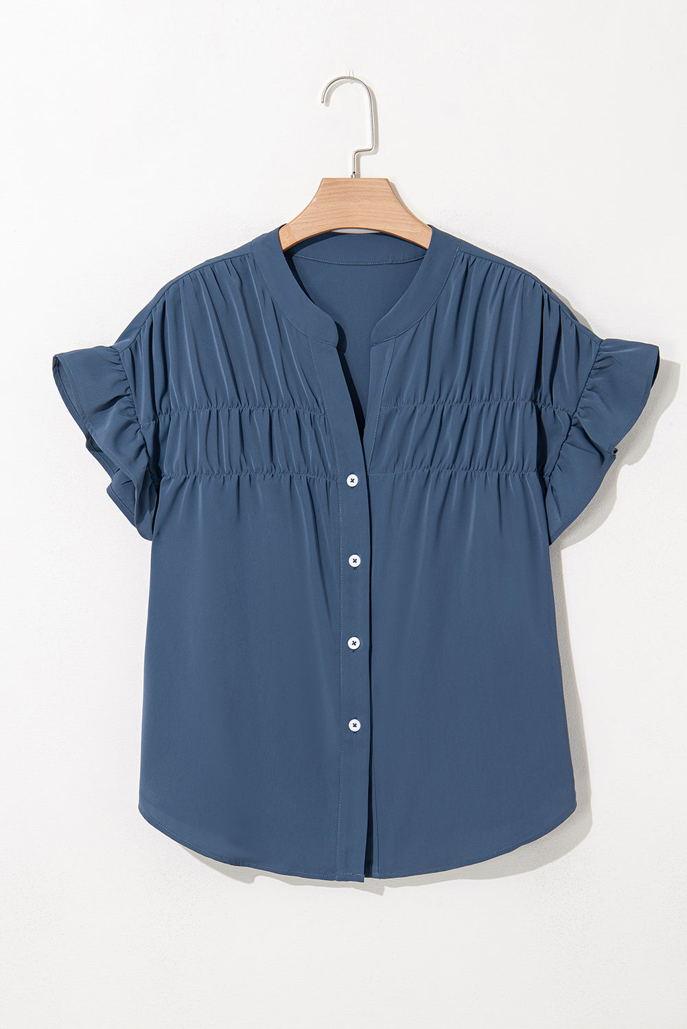 Solid Color Ruffle Ruched Short Sleeve Buttoned Shirt