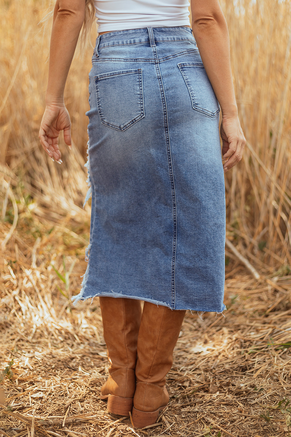 Irregular Distressed Bottom Denim Midi Skirt