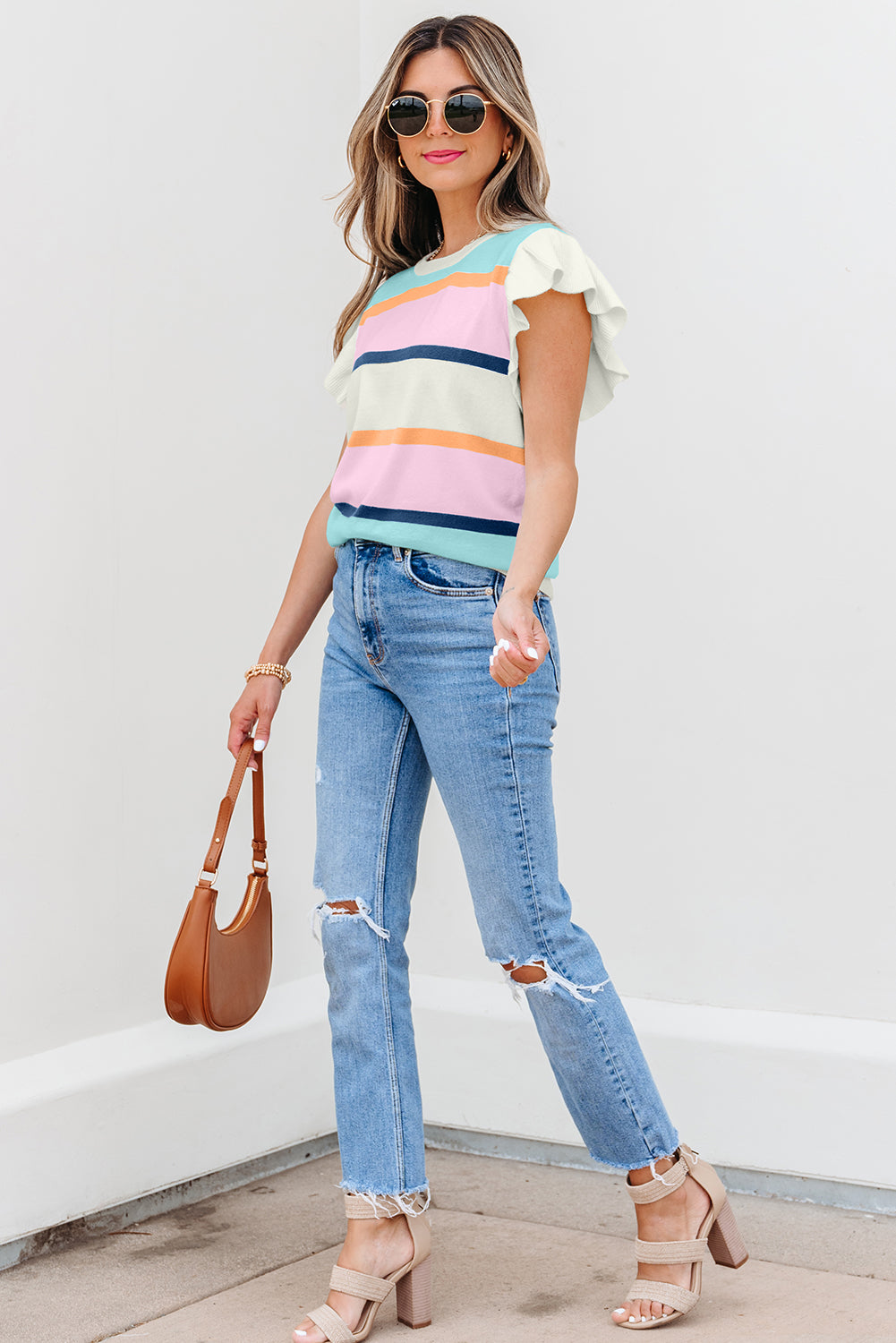 Striped Color Block Flutter Sleeve Patchwork Sweater Top
