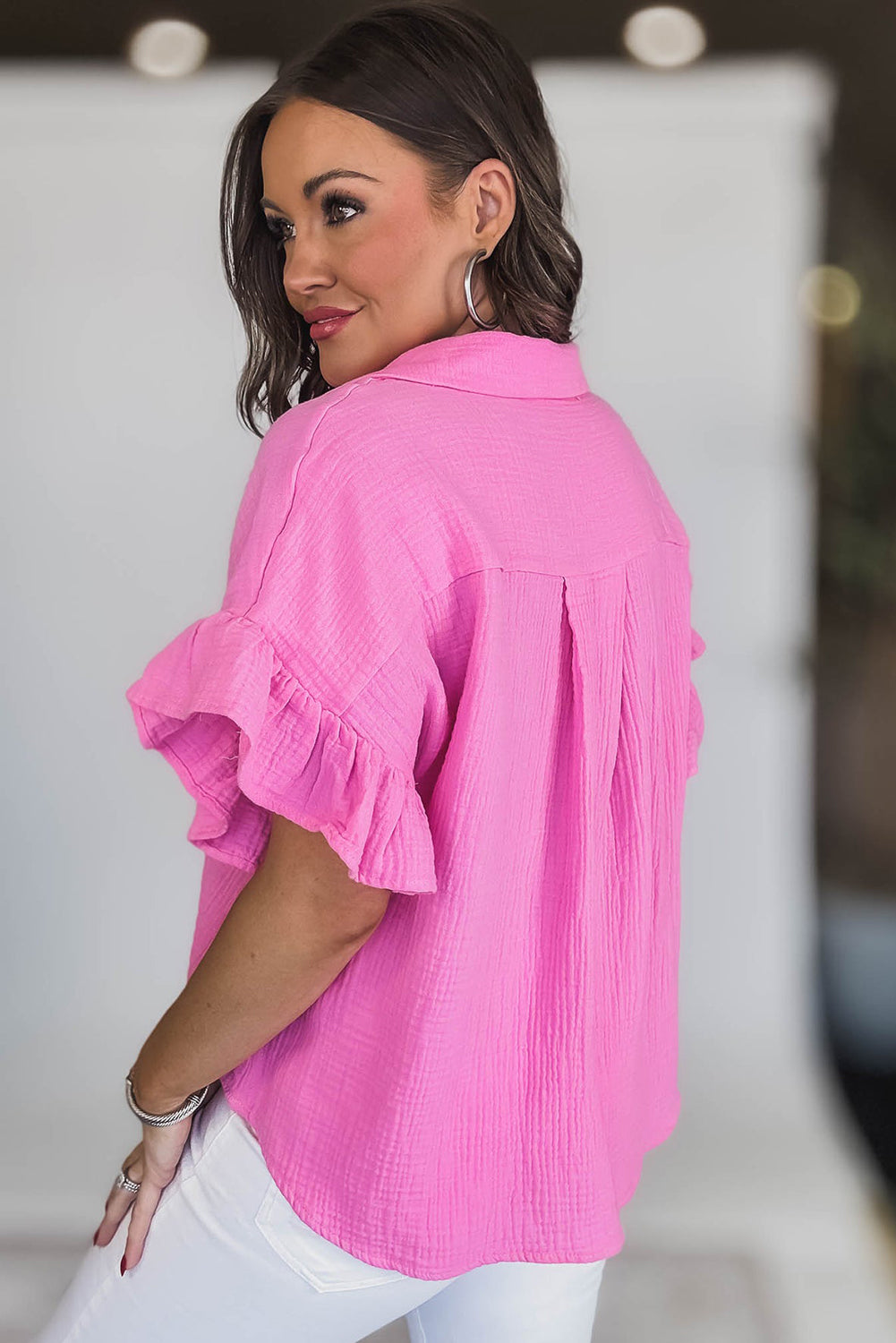 Textured Ruffled Sleeve Collared V Neck Loose Fit Top