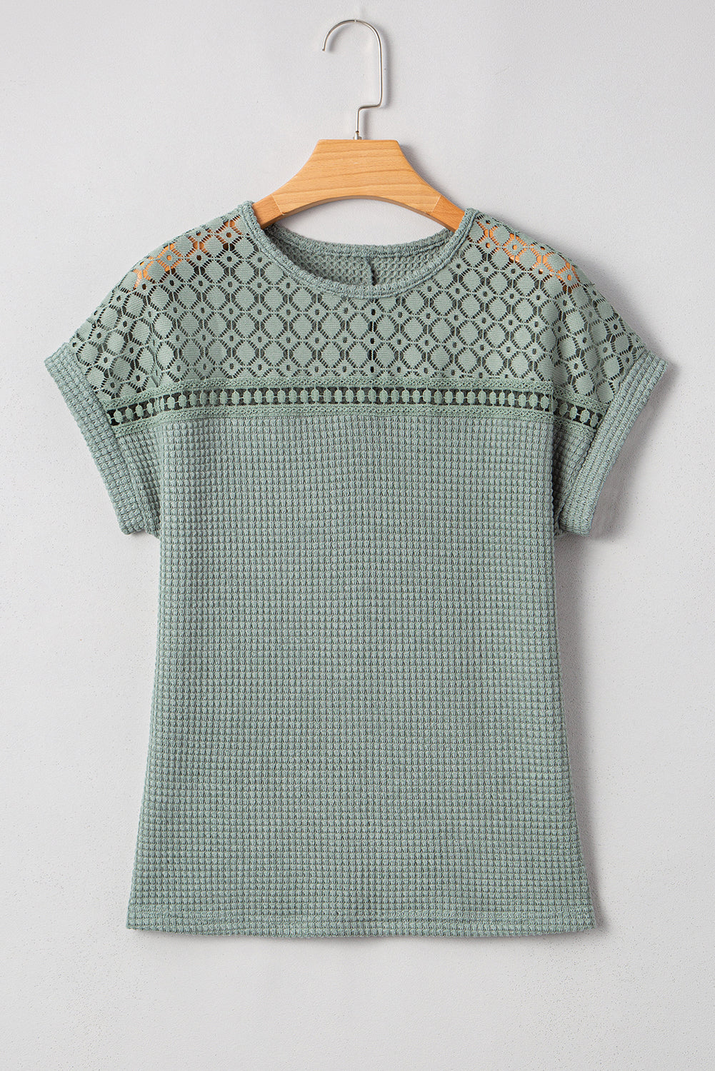 Lace Patchwork Waffle Short Sleeve Top