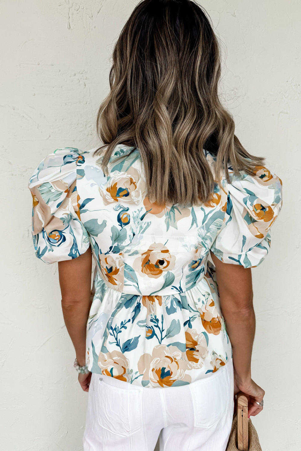 Floral Print Puff Sleeve V Neck Babydoll Blouse