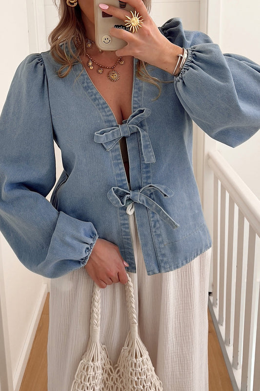 Tied Front Long Puff Sleeve Denim Top