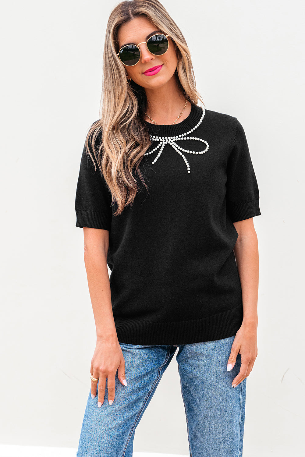 Pearl Bow Necklace Embellished Short Sleeve Knitted T Shirt