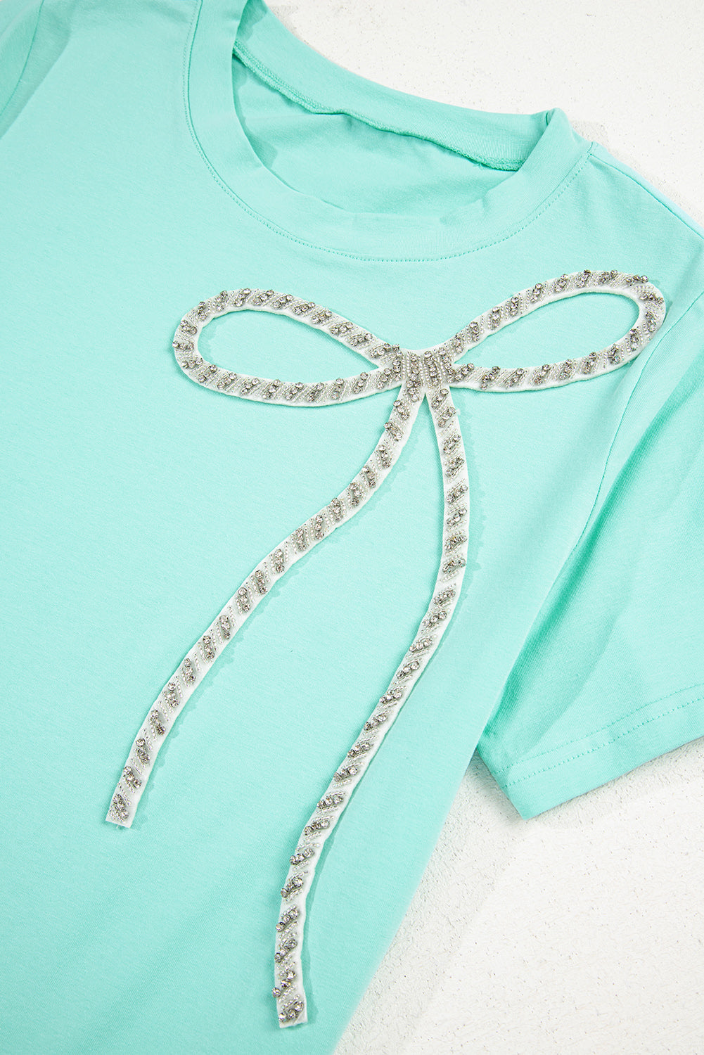 Rhinestone Bow Embellished Round Neck Tee