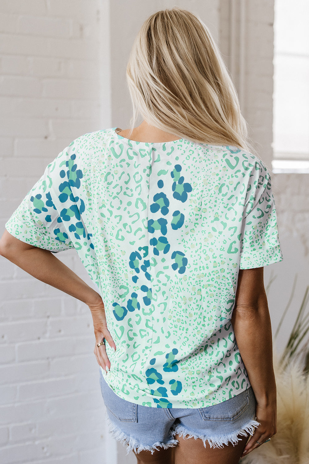 Mixed Leopard Print V Neck Short Sleeve Blouse