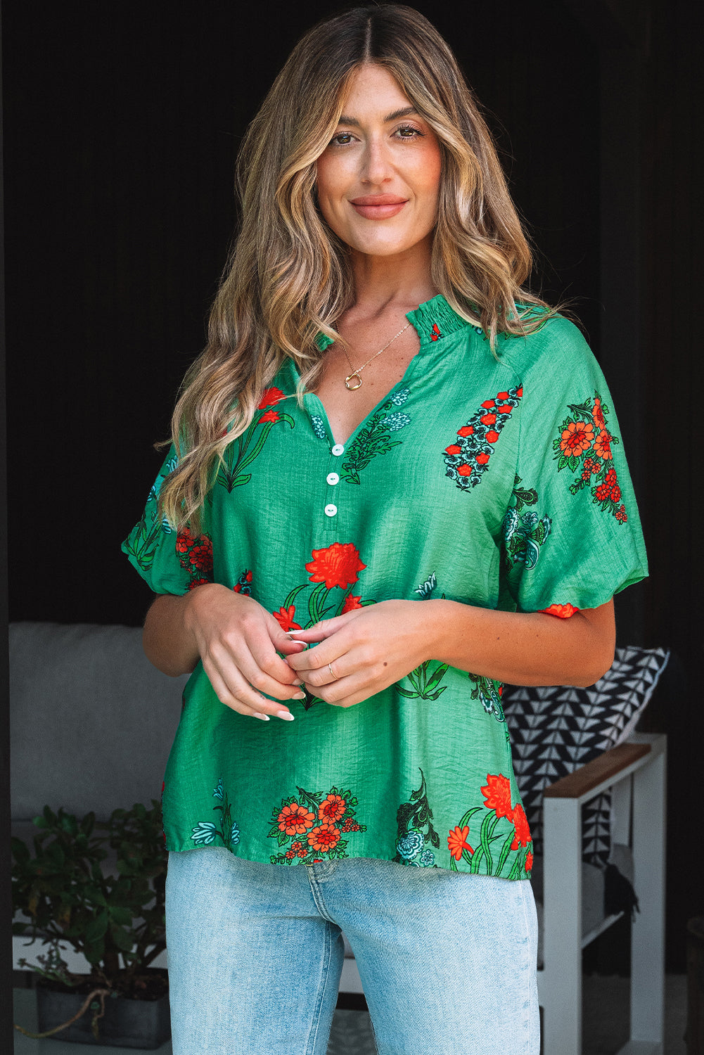 Floral Print Buttoned V Neck Short Sleeve Blouse