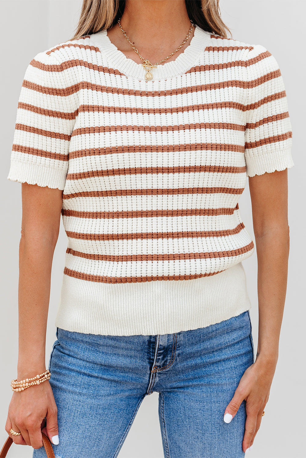 Scalloped Round Neck Short Sleeve Sweater