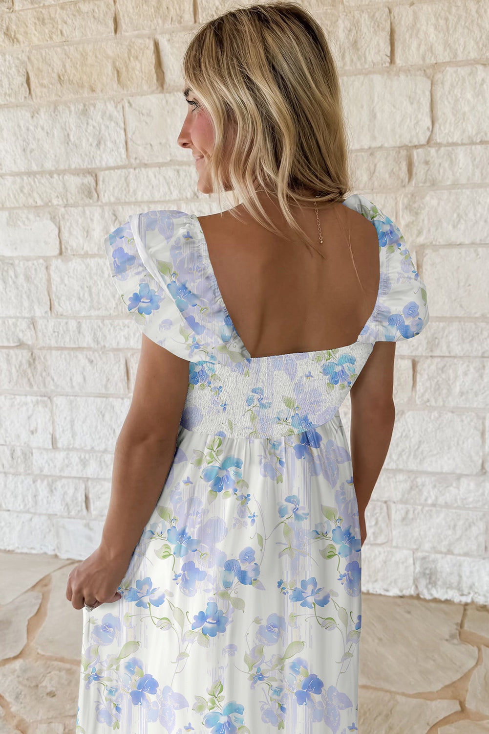 Floral Smocked High Waist Double Ruffle Sleeveless Long Dress