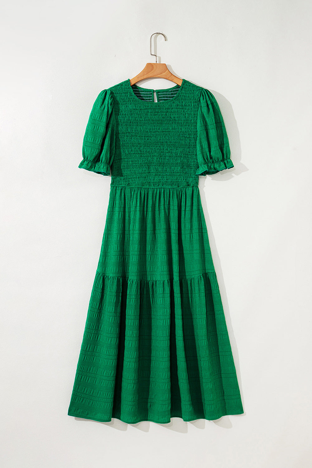 Solid Textured Smocked Puff Short Sleeve High Waist Long Dress
