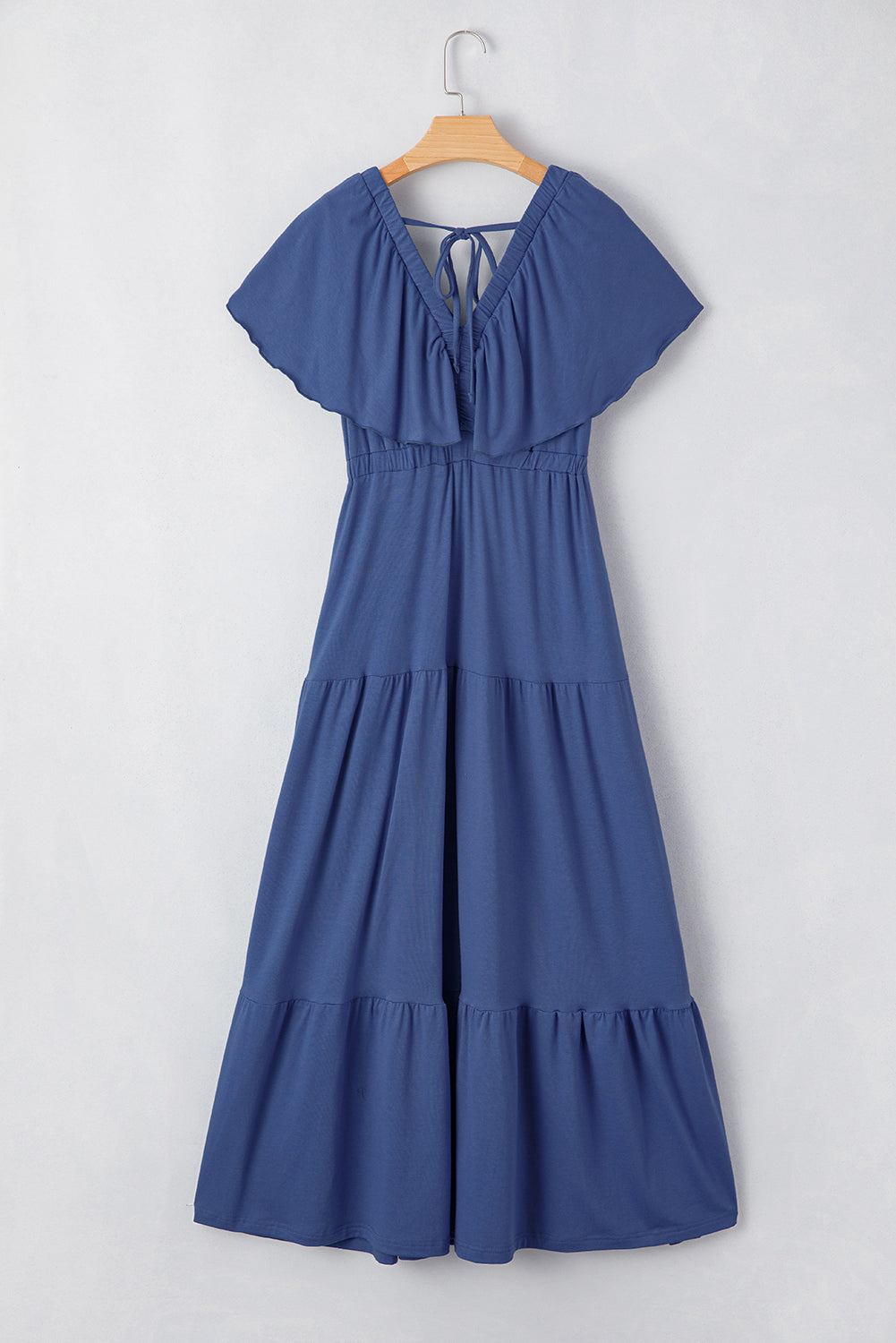 Textured V Neck Flutter Sleeve Ruffled Maxi Dress